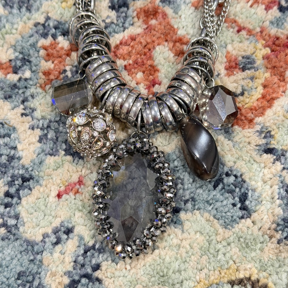 Statement Necklace Women Silver Grey Crystal Layered Edgy EUC